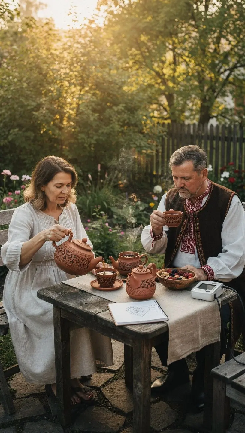 Šviežiai užplikyta pu-erh arbata, šalia jos krepšelis su sveikais užkandžiais.