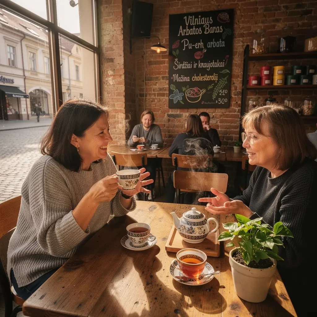 Pu-erh arbatos puodelis, garuojantis šiltas gėrimas, skirtas cholesterolio lygiui reguliuoti.