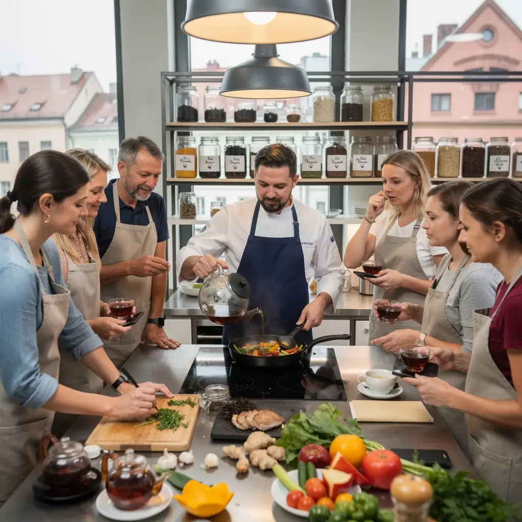 Pu-erh arbatos teikimo procesas, kur specialistas demonstruoja techniką.
